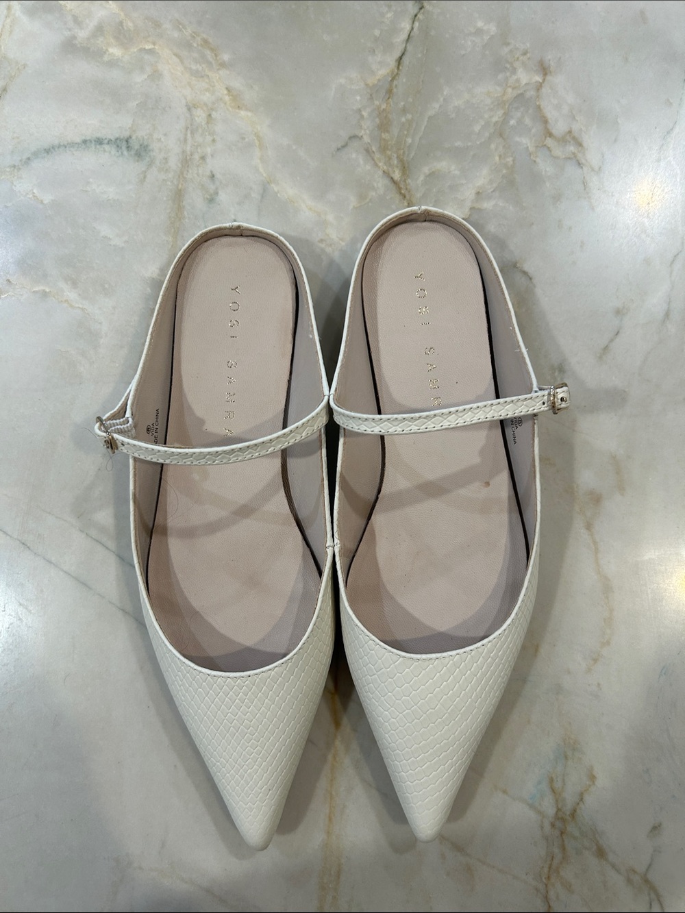 Yosi Samra Cream color Pointed Mary Jane Flats. Textured